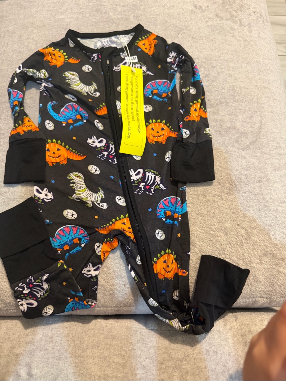 Black Halloween Dino & Pumpkin Footed One-Piece Pajamas